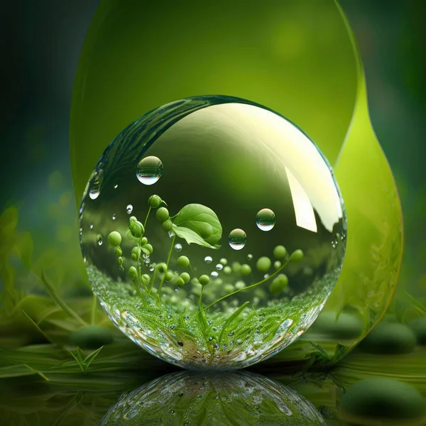 Environment Eco Green Abstract, Ball of Clean Water Drops, Drops Reflecting Plants