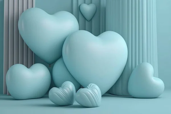 Cute pastel blue heart balloons, cushion background, 3d rendering hearts, white day, baby shower, gender reveal