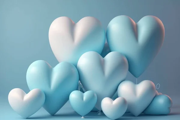 Cute pastel blue heart balloons, cushion background, 3d rendering hearts, white day, baby shower, gender reveal