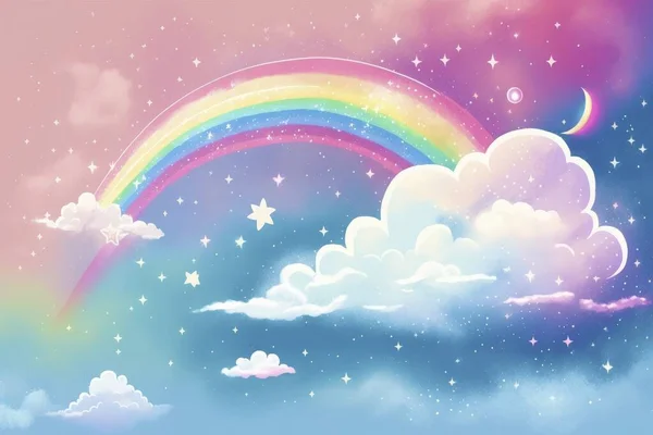 Fantasy sky rainbow. Fairy skies rainbows colors, magic landscape and dream sky background illustration