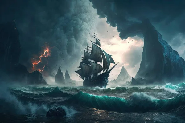 a ship in the middle of the ocean with a storm nearby, a matte painting