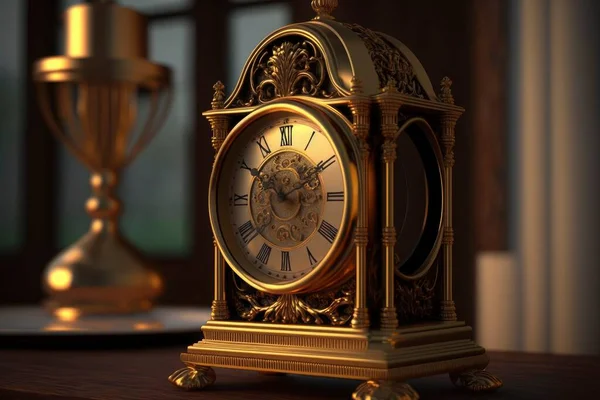 gold clock on a wooden table, 3D rendering, steampunk