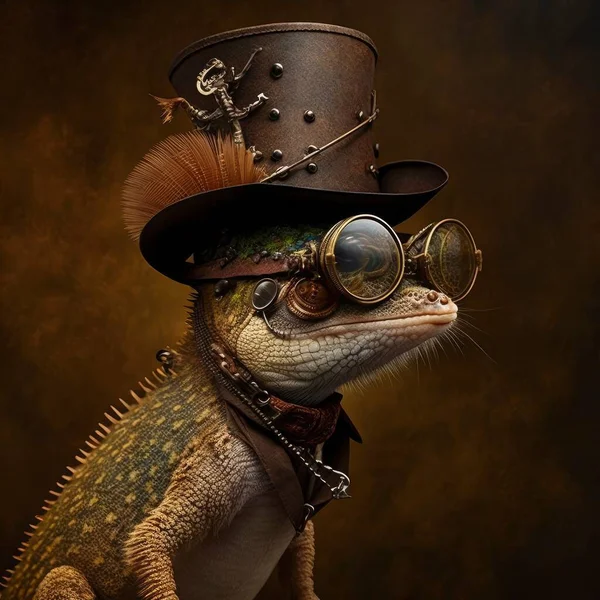 a lizard with a hat and steampunk glasses, steampunk