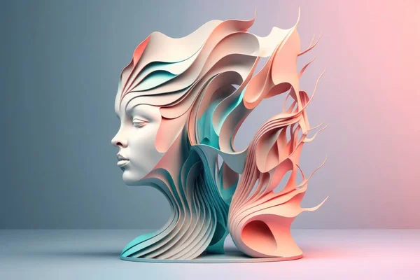 Modern Abstract Woman\'s face Sculpture design, pastel colors, 3d render and illustration