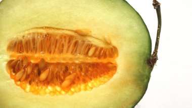 Fotokopi alanı ile izole edilmiş beyaz zemin üzerinde taze kavun. Fotokopi alanı ile taze organik kavun dilimleri