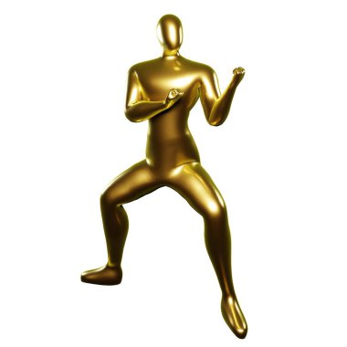 3D Render Gold Stickman Karate Pozu Stance
