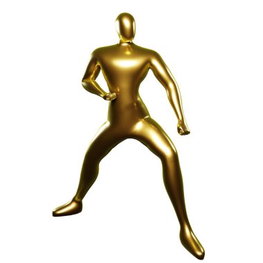 3D Render Gold Stickman Karate Pozu Kolları Diz Boyuna Yakın Duruş - Dövüş Sanatları İhtirası İçin Mükemmel Görsel