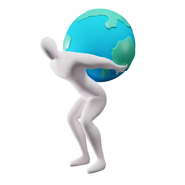 彼の背中に地球を持ち上げるスティックマンの3Dイラスト — ストック写真