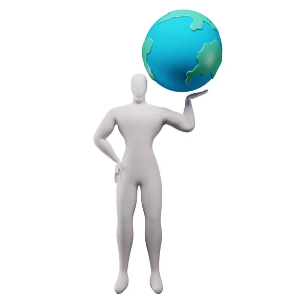 左手で地球を浮かべる棒男の3Dイラスト — ストック写真