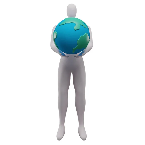 両手で胸の前で地球を握るスティックマンの3Dイラスト — ストック写真
