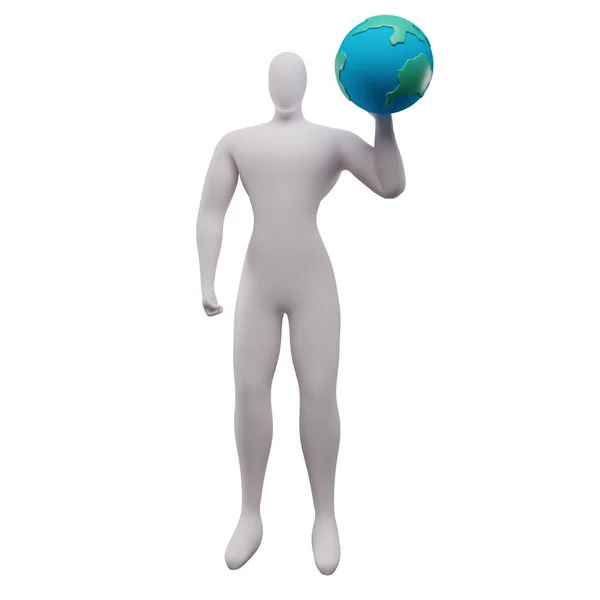 左手に地球を握って地球を救うスティックマンの3Dイラスト — ストック写真