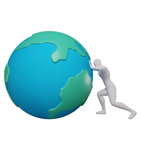 両手で地球を押すスティックマンの3Dイラスト — ストック写真