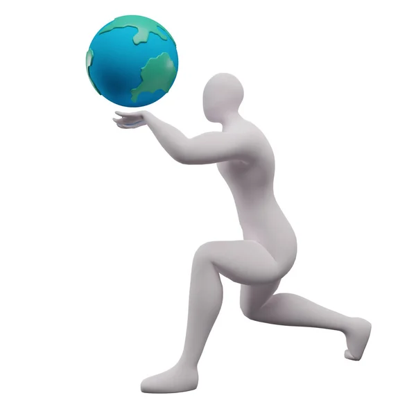 両手で地球を握ることで地球を救うスティックマンの3Dイラスト — ストック写真