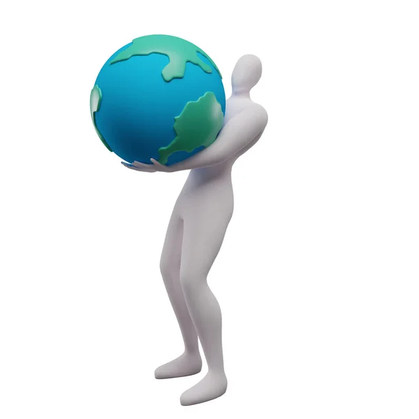 地球をもたらすことによって地球を救うスティックマンの3Dイラスト — ストック写真