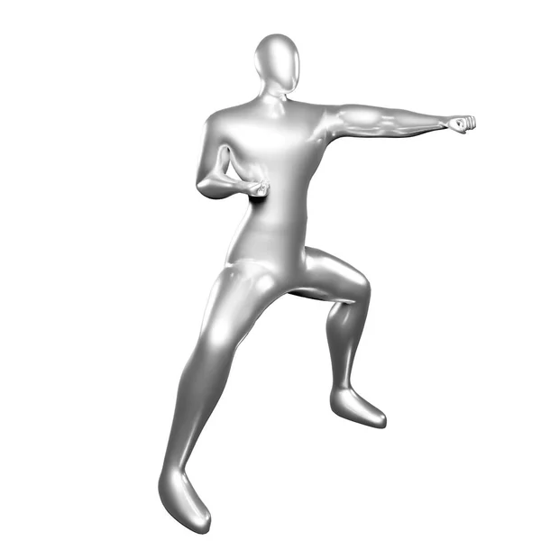 Render Srebrny Stickman Karate Pose Lewą Ręką Wykrawania Visual Idealny — Zdjęcie stockowe