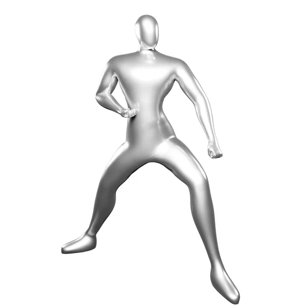 Render Silver Stickman Karate Pose Stance Arms Straight Close Knees — стоковое фото