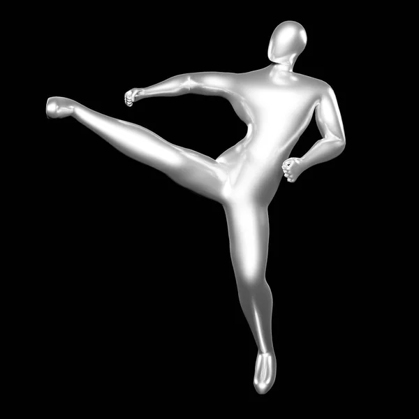 Render Bronze Stickman Karate Pose Provést Kopací Pozice Uprostřed Těla — Stock fotografie