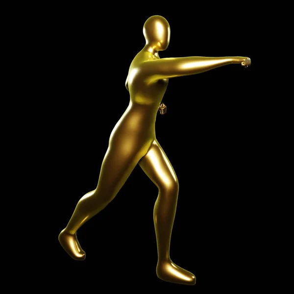 Render Gold Stickman Carate Pose Робить Прямий Вперед — стокове фото