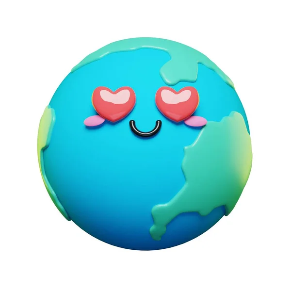3D可爱可爱的地球表情符号设置 3D卡通片 有爱心的地球 — 图库照片