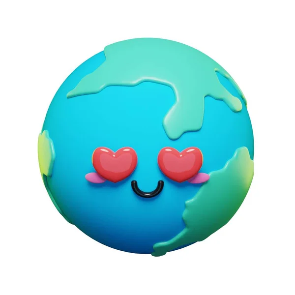 3D可爱可爱的地球表情符号设置 3D卡通片 有爱心的地球 — 图库照片
