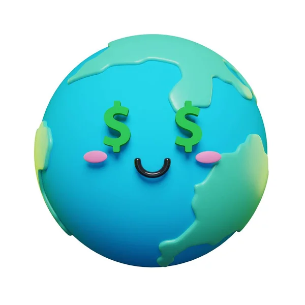 Schattig Schattig Aarde Met Dollarsymbolen Emoji Karakter Emoticons Ingesteld Cartoon — Stockfoto