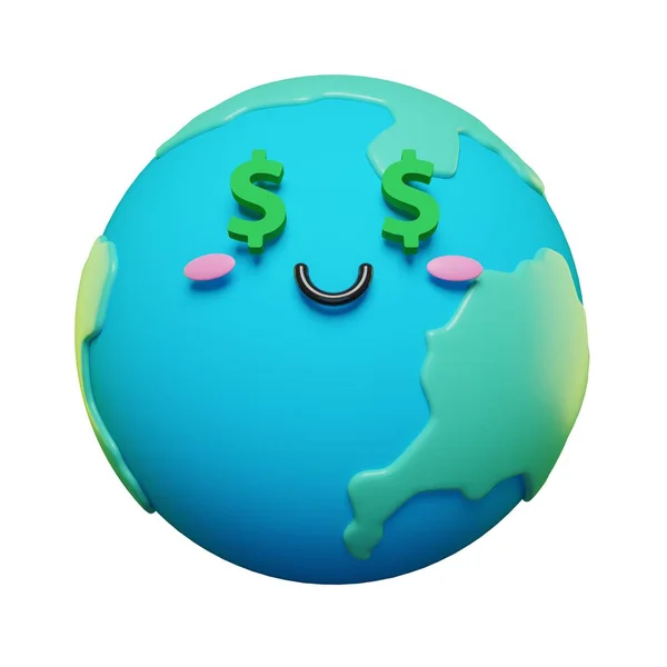 ドル記号でかわいいと愛らしい3D地球絵文字の文字の絵文字セット 3D漫画地球のアイコン — ストック写真