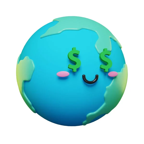 Sevimli ve tapılası üç boyutlu dünya dolar sembolleri, emoji karakter simgeleri seti. 3D karikatür Dünya simgeleri.