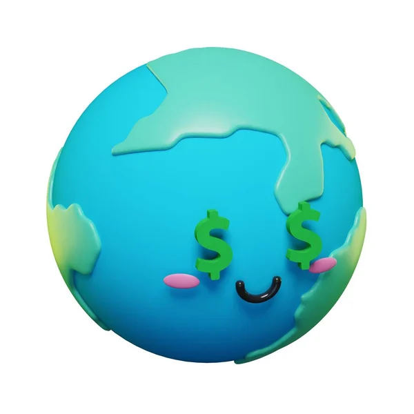 可爱可爱的3D地球 用美元符号表情符号表情符号 3D卡通地球图标 — 图库照片