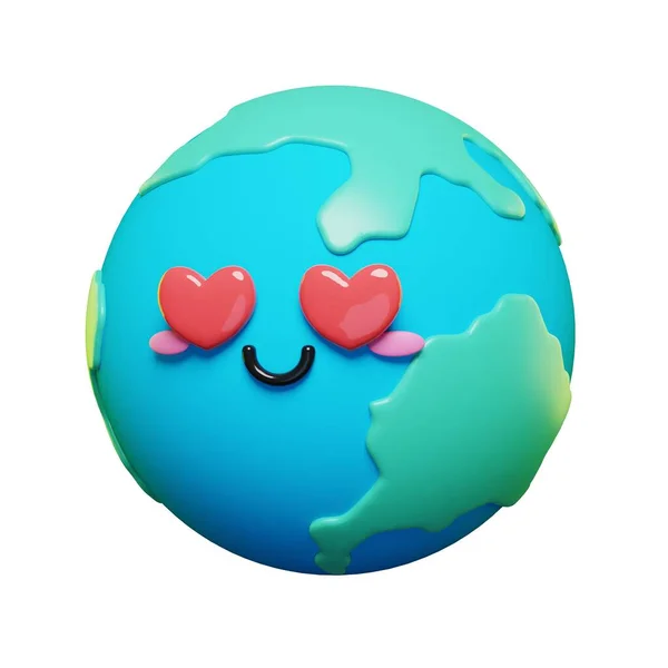 3D可爱可爱的地球表情符号设置 3D卡通片 有爱心的地球 图库图片