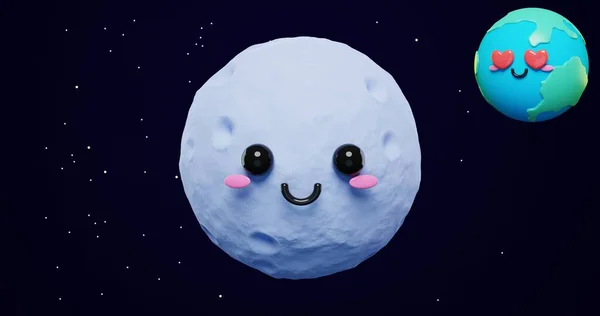 Urocze Słodkie Cartoon Planeta Ziemia Księżyc Tle Gwiazd Kosmicznych Sztandar — Zdjęcie stockowe