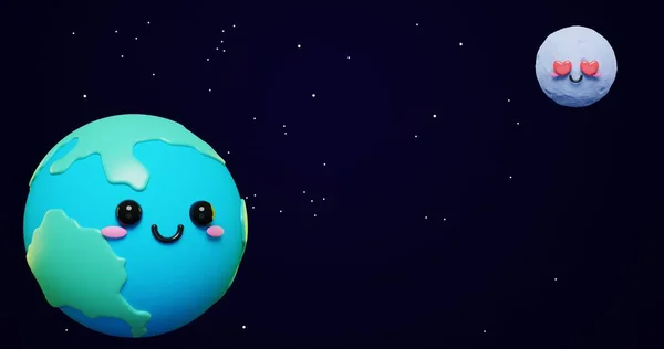 Bedårande Och Söt Tecknad Planet Jorden Och Månen Rymdstjärnor Bakgrund — Stockfoto