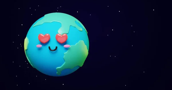 宇宙の星の愛の目を持つ愛らしいかわいい3D漫画の惑星地球宇宙の背景をコピーします 国際母なる地球の日の旗やポスター ハッピーアースデイのコンセプトの背景 — ストック写真