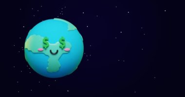 3D sevimli çizgi film dünya emojisinin döngüsel animasyonu, dolar gözlü yeşil gezegen ve uzayda mutlu ruh hali, kopyalanmış arka plan ile aşk ve barış kavramı. 3d canlandırma canlandırması