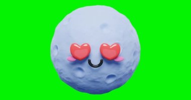 Yeşil ekranlı üç boyutlu şirin ve sevimli ay emojisi karakter simgeleri. Sevgi dolu bakışlı 3D karikatür ay..