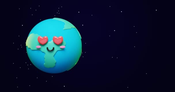 3D愛らしい漫画地球絵文字のループアニメーション 愛の目を持つ緑の惑星と愛と平和のための概念として宇宙背景をコピーして宇宙で幸せな気分 3Dレンダリングアニメーション — ストック動画