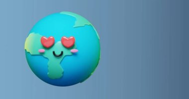 3D sevimli çizgi film dünyasının canlandırması, sevgi dolu gözlere sahip yeşil gezegen ve aşk ve barış kavramı olarak güneşli bir günde mutlu bir ruh hali. 3d canlandırma canlandırması