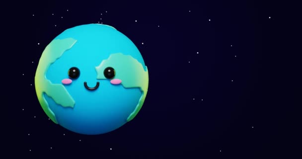 3D愛らしい漫画地球絵文字のループアニメーション 愛と平和のための概念として宇宙背景をコピーして宇宙で幸せな気分で緑の惑星 3Dレンダリングアニメーション — ストック動画