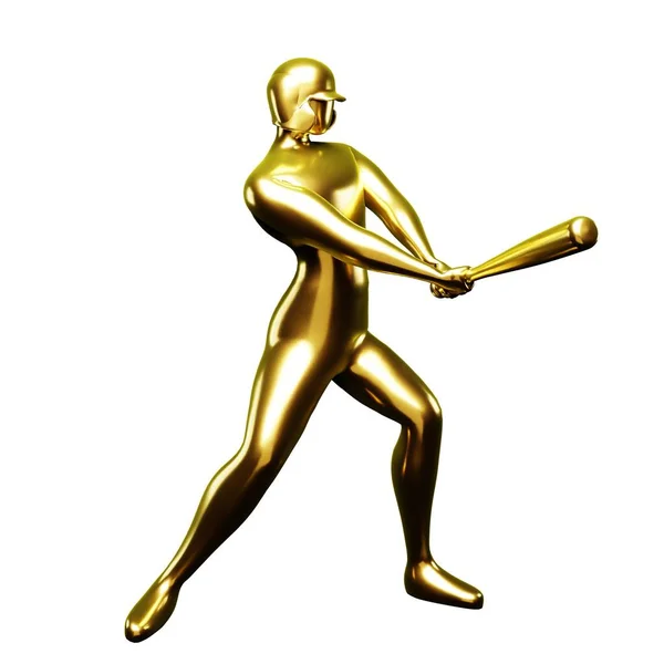 3D黄金棒球运动员用棒球棍抓握艺术击球 从侧面看 — 图库照片