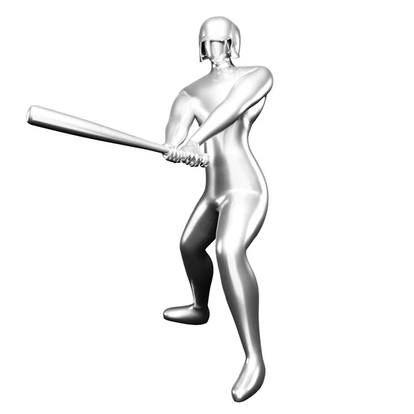 3Dシルバー野球選手クリップアート野球バットで打つ 正面から見る — ストック写真