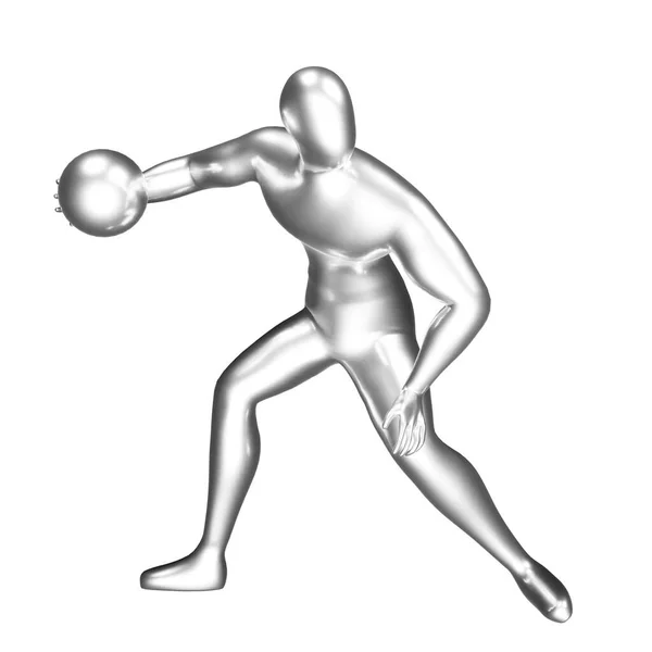 Zilveren Basketbalspeler Figuur Doen Dribbelen Pose — Stockfoto