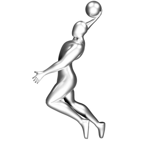 Stříbrný Basketbalista Figurka Dělá Slam Dunk Póza — Stock fotografie
