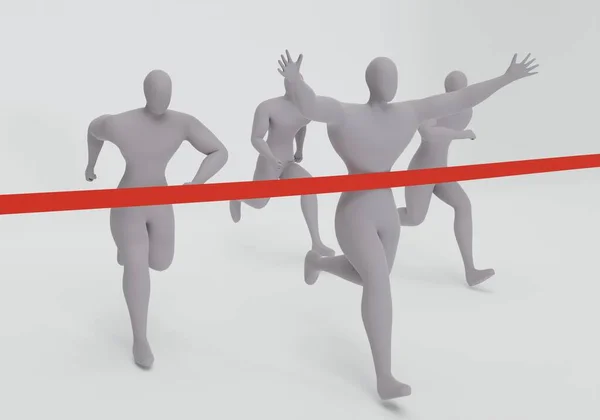 3d illustration of winning male racer crossing the finish line ribbon. Race, sport, competition, victory concept. 3d rendering of a stickman character illustration
