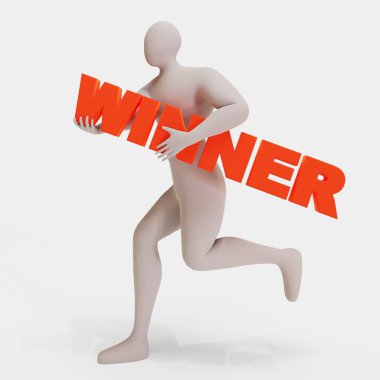 Kişi çalıştırma ve kelime tutmanın üç boyutlu illüstrasyonu. İnsan karakterinin 3D canlandırması.