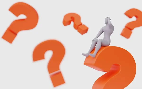 Büyük Soru İşaretli Kafası Karışık Bir Kişinin İllüzyonu. İnsan Halkı Karakter Resimlerinin 3D Hazırlanması.