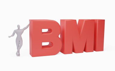 BMI kelimesine dayanan 3 boyutlu iş adamı çizimi.