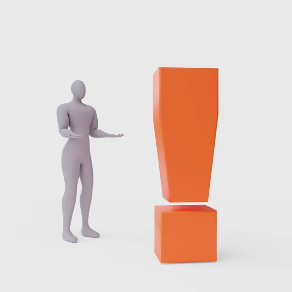 Beyaz arka planda büyük kırmızı ünlem işaretli 3D iş adamı görüntüsü.