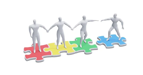 Yapboz Parçasındaki Adam 'ın 3 boyutlu tasviri İnsanlarla Birleşme Grubu. 3d Hazırlama Adamı.