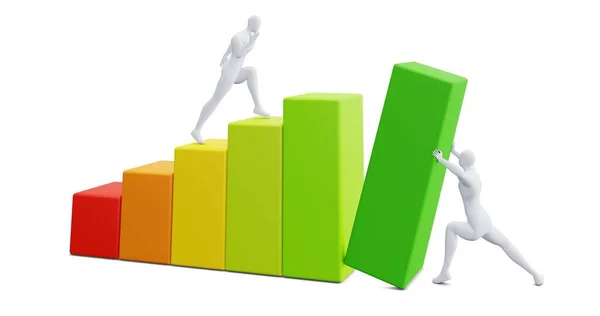 Renkli İstatistik Büyüme Çubuğu ile 3D Man Figürü. Büyüme Konsepti İllüstrasyonu.