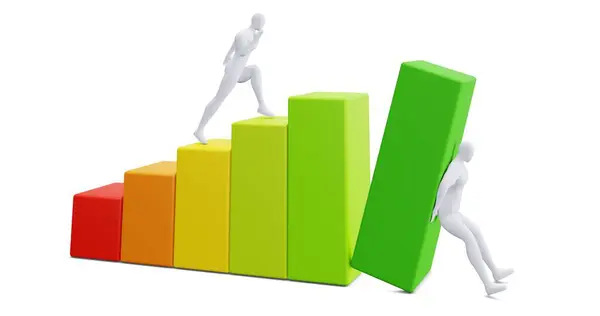 Renkli İstatistik Büyüme Çubuğu ile 3D Man Figürü. Büyüme Konsepti İllüstrasyonu.