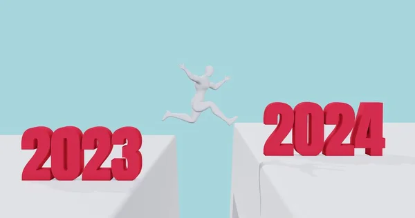 3d Man Jump to 2024. Happy New Year in 2024. Towards 2024 Concept. 3d Illustration